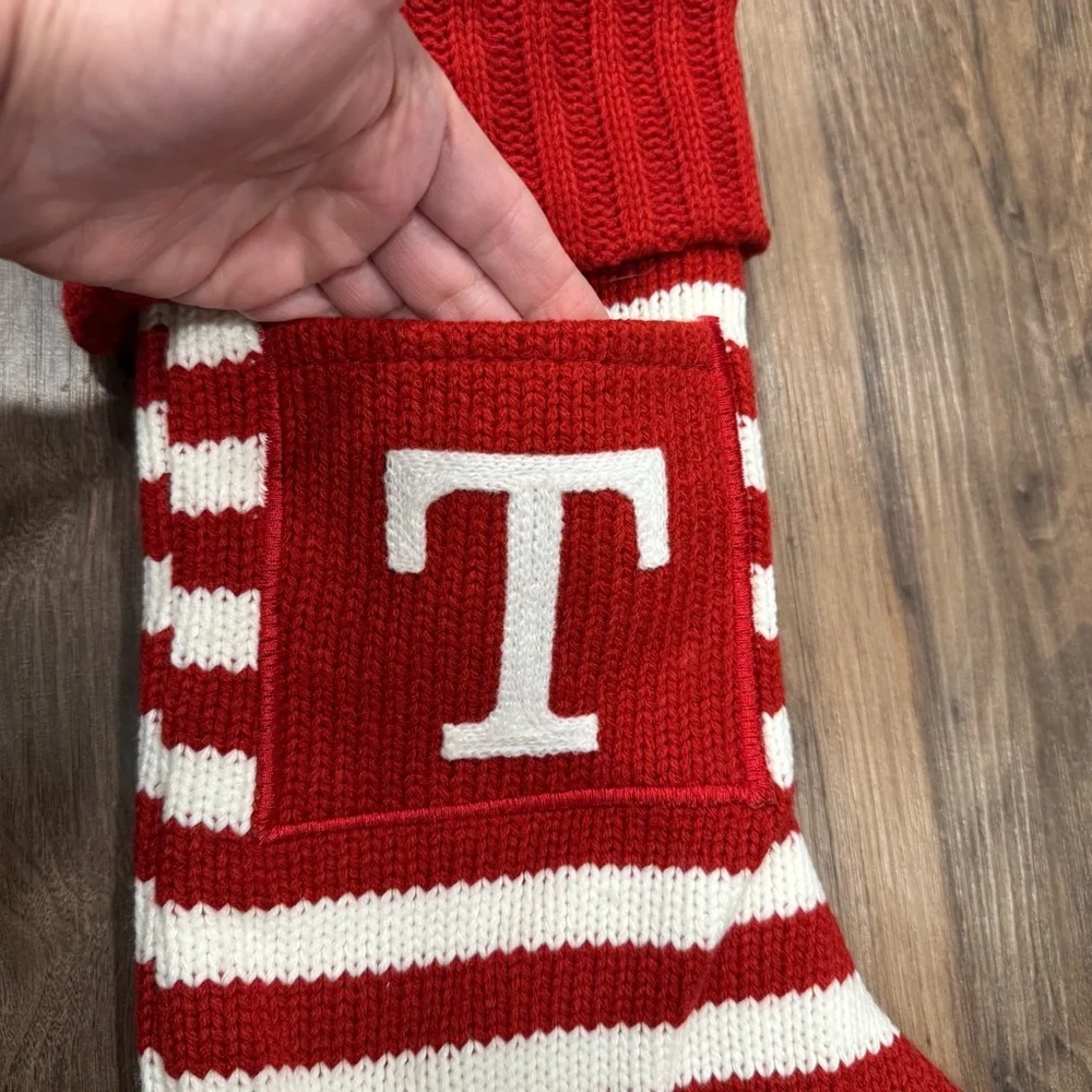 Wondershop Target Knit Striped Monogram Christmas Stocking Red‎ White Letter T